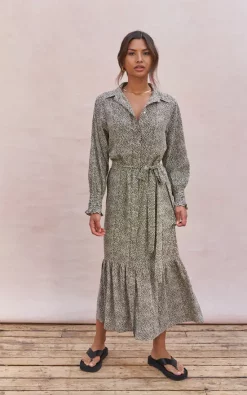 Discount 🛒 Charli Long Sleeve Maxi 👕 Shirt 👗 Dress In Khaki Print 🔔