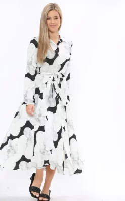 Outlet 👏 LOVE SUNSHINE Mono Abstract Floral Printed Mid Maxi 👗 Dress 👍