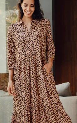 New 👍 SUGARHILL BRIGHTON Caroline Maxi 👚 Shirt Smock 👗 Dress Tan, Animal Floral 😍