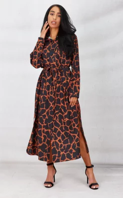 New 👍 Boutique Store Black Print Belted Maxi 👕 Shirt 👗 Dress 😀