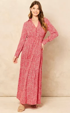 New 💯 Blue Vanilla Taylor Long Sleeve Tiered Maxi 👗 Dress In Red 🎁