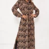 Outlet 👏 Boutique Store Camel Printed Split Leg Maxi Belted 👚 Shirt 👗 Dress 🔔