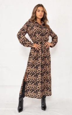 Outlet 👏 Boutique Store Camel Printed Split Leg Maxi Belted 👚 Shirt 👗 Dress 🔔