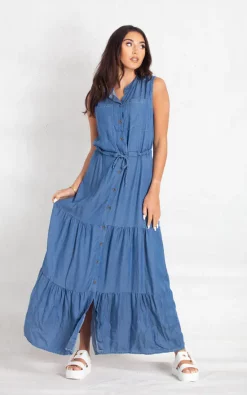 Best deal ✨ Boutique Store Navy Denim Belted Maxi Tiered 👕 Shirt 👗 Dress ✔️