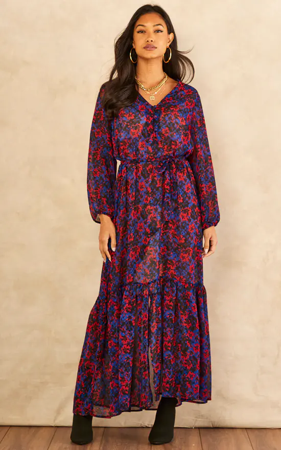 Cheapest βοΈ India Gray Red And Blue Floral Long Sleeve Tiered π Dress β€οΈ 3 Cheapest βοΈ India Gray Red And Blue Floral Long Sleeve Tiered π Dress β€οΈ