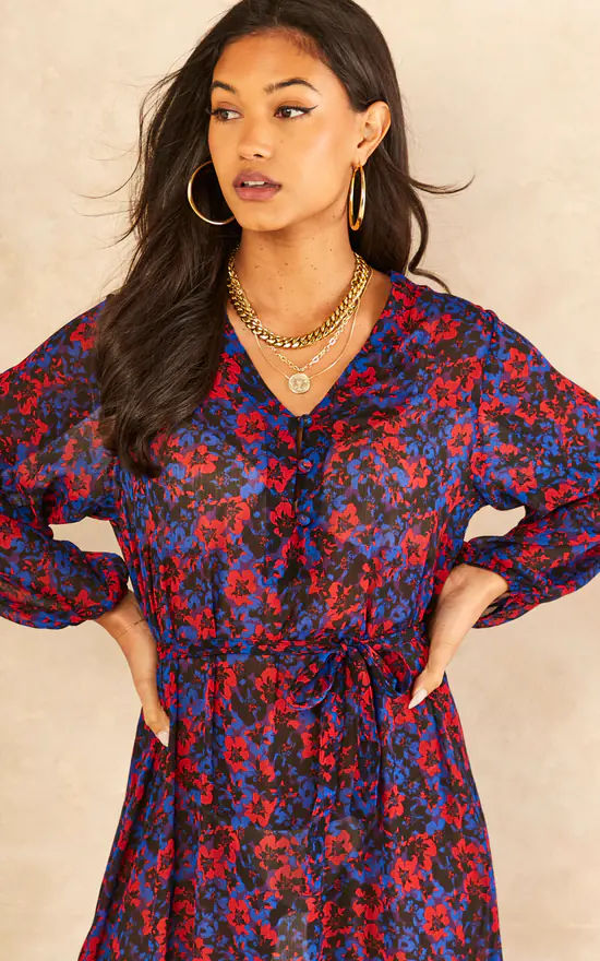 Cheapest βοΈ India Gray Red And Blue Floral Long Sleeve Tiered π Dress β€οΈ 6 Cheapest βοΈ India Gray Red And Blue Floral Long Sleeve Tiered π Dress β€οΈ - Image 4