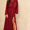 Hot Sale ⌛ India Gray Red Leopard Print Long Sleeve Maxi 👗 Dress 🎁