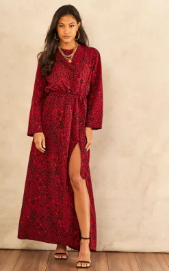 Hot Sale β India Gray Red Leopard Print Long Sleeve Maxi π Dress π