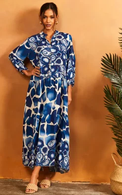 Promo π₯° Blue Vanilla Jessie Giraffe & Marble Print Long Sleeve Smock Maxi π Dress In Navy π