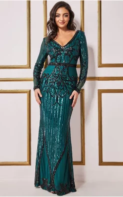 Wholesale 🎉 Goddiva Sequin & Mesh Embroidered Maxi In Emerald 🔥