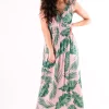 Deals ✔️ Pinstripe Elasticated Waist Leaf Print Maxi 👗 Dress In Pink ⌛
