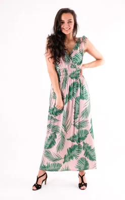 Deals ✔️ Pinstripe Elasticated Waist Leaf Print Maxi 👗 Dress In Pink ⌛