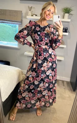 Discount π Izabel London Multi Black Floral Sheer Sleeve Maxi π Dress π§¨