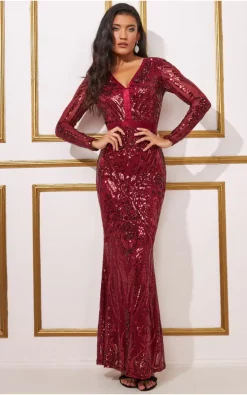 Promo 💯 Goddiva Embroidered Sequin Maxi 👗 Dress In Wine 👏