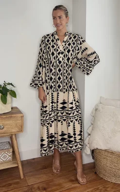 Hot Sale 🥰 IKRUSH Rosie Button Down Printed Maxi 👗 Dress In Black 👏