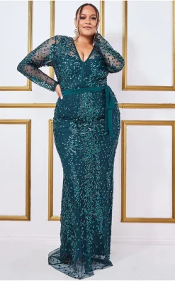 Best deal 🤩 Goddiva Plus Spread On Sequin Maxi 👗 Dress In Emerald ❤️