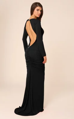 New π Honor Gold Bella Black Backless Long Sleeved With Train Maxi π Dress π§¨