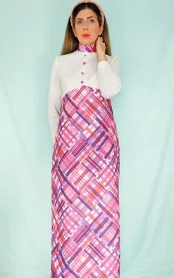 Hot Sale 🥰 RUBU Vintage 70s Pink/Purple Check Maxi 👗 Dress 😀