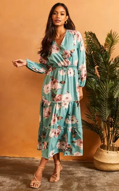 Promo π Bella And Blue V Neck Floral Long Sleeve π Dress In Green π§¨