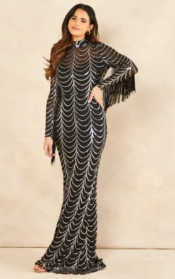 Best Pirce 🌟 Nazz Collection Hypnotic Black Silver Luxe Vip Tassel Fringe Sequin Embellished Illusion Long Sleeve Maxi 👗 Dress ✨ -Alie Street Shop unnamed file 3451