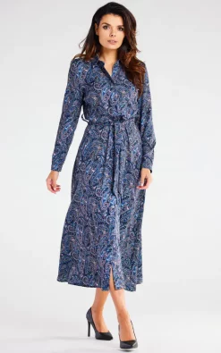 Wholesale 💯 AWAMA Tie Waist 👗 Dress With Long Sleeves In Blue ❤️