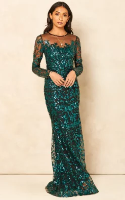 Hot Sale 🔥 Goddiva Sequin Mesh Embroidered Long Sleeve Maxi In Emerald ⌛