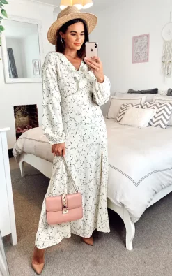 Top 10 π Shikha London Floral Long Sleeve Ruffle Maxi π Dress Cream π€©