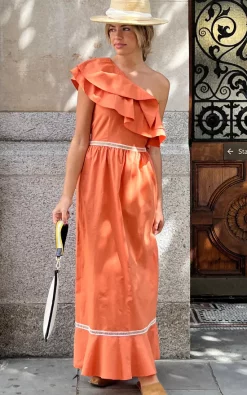 Deals π The Taylor Clothing One Shoulder Ruffle Trim Maxi π Dress In Cinnamon Color π