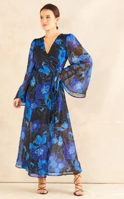 Alie Street Shop 36 Best deal β Chekani Flared Sleeve Maxi Wrap π Dress In Blue Silver Floral | Luna π