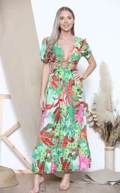 Best Pirce 😉 Lucy Sparks Green Floral Print Cut Out 👗 Dress ✔️