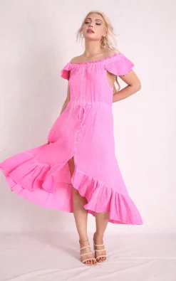 Budget π Boutique Store Pink Cheesecloth Bardot Maxi π Dress π