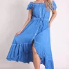 Best Sale 🛒 Boutique Store Blue Cheesecloth Bardot Maxi 👗 Dress 🎁