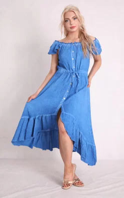 Best Sale π Boutique Store Blue Cheesecloth Bardot Maxi π Dress π