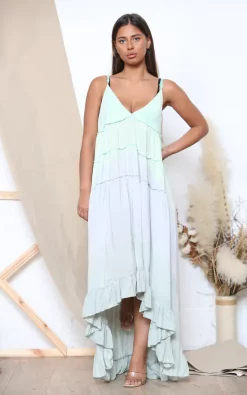 Wholesale 🧨 Lucy Sparks Light Green Tie Dye Ruffled Maxi 👗 Dress ✨