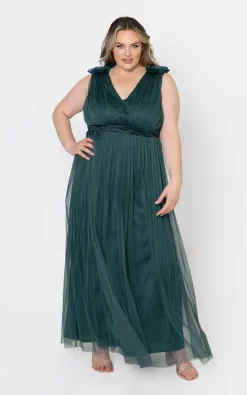 Promo β¨ Maya Deluxe Emerald Green Bridesmaid Maxi π Dress With Ruffle Shoulder Detail βοΈ