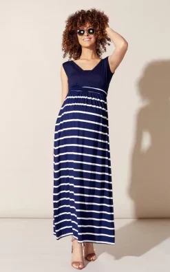 Hot Sale 🔔 Happy Mama Maternity Nursing Maxi 👗 Dress With Pockets In Navy Stripes 🤩