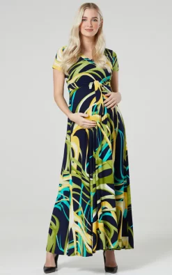 Brand new ⌛ Happy Mama Maternity Nursing Maxi Wrap 👗 Dress In Navy & Neon Green Stripes ⭐