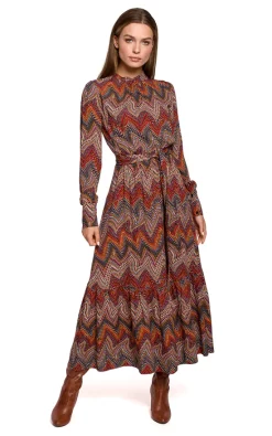 Deals 😀 MOE Maxi Flared 👗 Dress With High Neck In Brown Aztec Print 🎉 -Alie Street Shop unnamed file 706