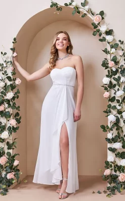 Wholesale 🧨 Goddiva Bardot Chiffon Wedding 👗 Dress With Belt White 🥰