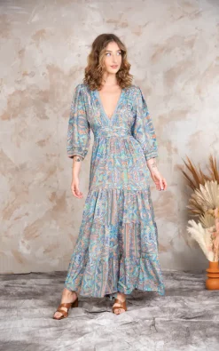Flash Sale 🎁 Ananda Wild Blue Gold Full Length Green Boho 👗 Dress With Sleeves 🎉