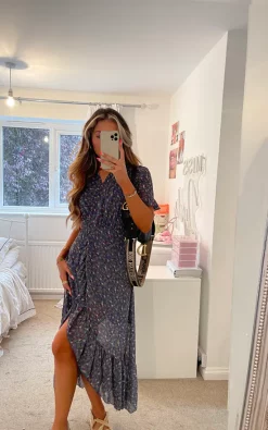 Buy 🔔 Love Memphis Frill Hem Wrap Style Maxi 👗 Dress In Navy Ditsy Floral Print 😀 -Alie Street Shop unnamed file 797