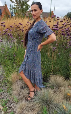 Buy 🔔 Love Memphis Frill Hem Wrap Style Maxi 👗 Dress In Navy Ditsy Floral Print 😀 -Alie Street Shop unnamed file 798