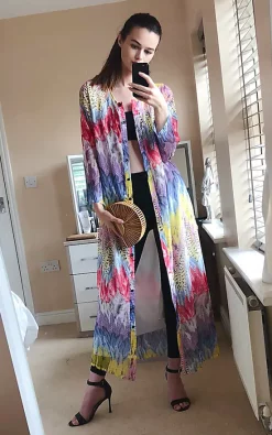 Best deal 🤩 CY Boutique Button Up Maxi 👗 Dress In 🌞 Summer Feather Print 🛒