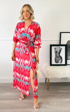 New 🛒 IKRUSH Zuri Wrap Front Printed Maxi 👗 Dress In Red 🎉