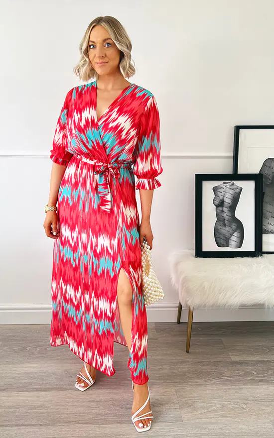 New π IKRUSH Zuri Wrap Front Printed Maxi π Dress In Red π 3 New π IKRUSH Zuri Wrap Front Printed Maxi π Dress In Red π