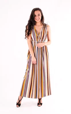 Cheap 🤩 Elasticated Waist Pinstripe Maxi 👗 Dress In Multi Colors 🔔