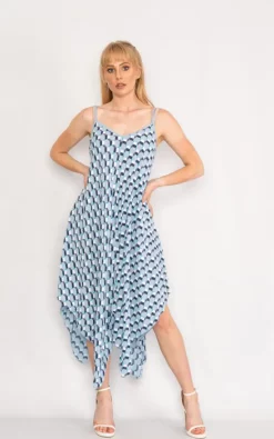 New 👏 LOES House Geometric Pattern Handkerchief 👗 Dress In Baby Blue ❤️