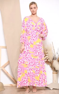 Cheapest 🥰 LOES House Leopard Print Long Sleeve Maxi 👗 Dress In Pink 🛒
