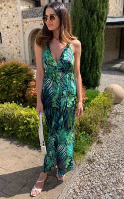 Flash Sale 🔥 D.Anna Green Tropical Leaf Print Halter Neck Cross Back Maxi 👗 Dress 😀