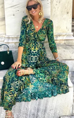 Best Pirce 🛒 Sophia Alexia Emerald Leopard Ruffle Wrap 👗 Dress 👏